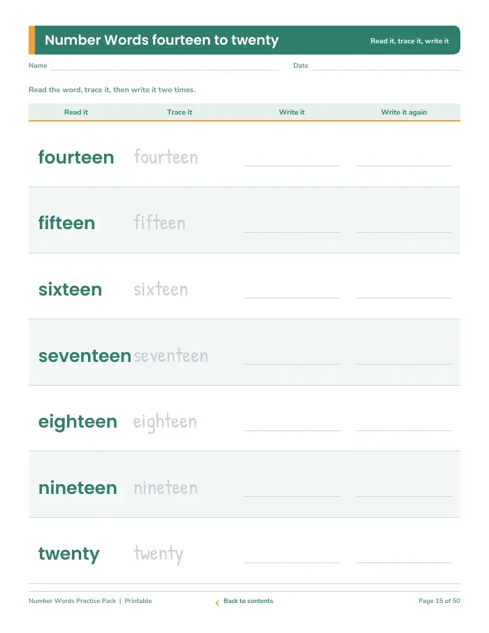 Inside page 1 of Number Words Practice Pack