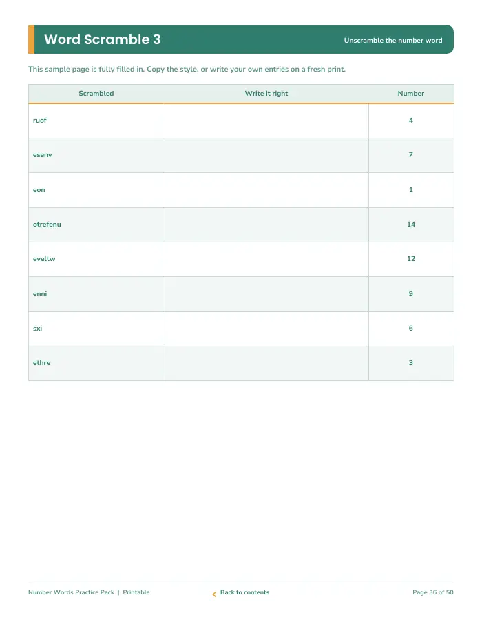 Inside page 3 of Number Words Practice Pack