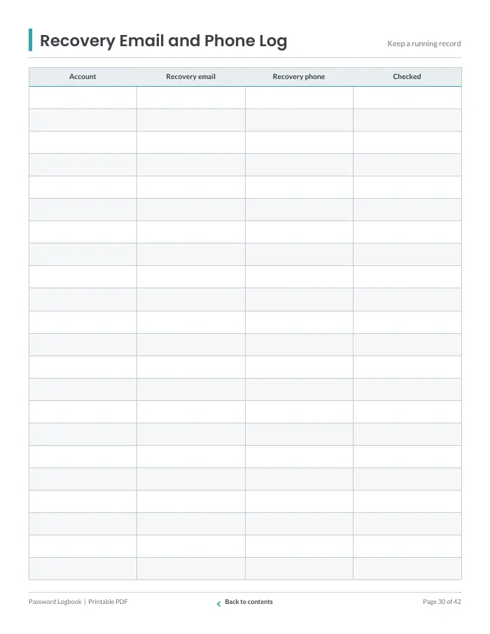 Inside page 3 of Password Logbook
