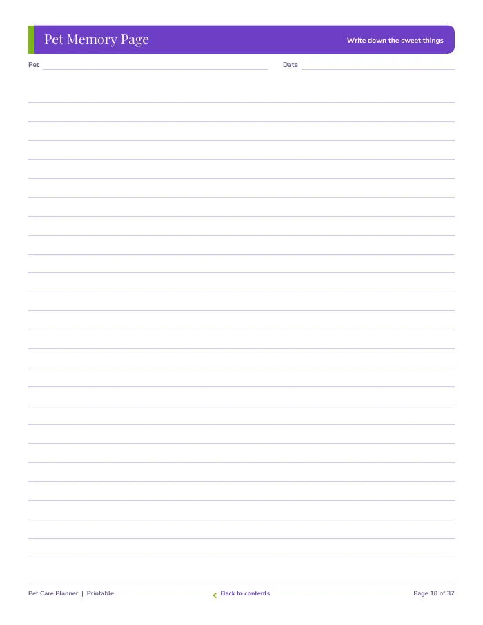 Inside page 2 of Pet Care Planner