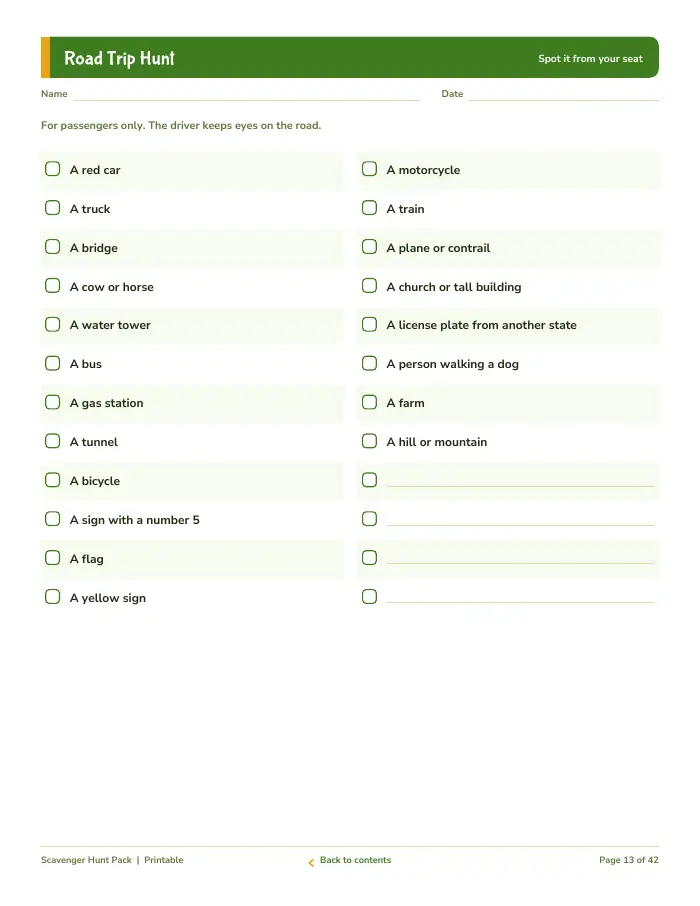 Inside page 1 of Scavenger Hunt Pack