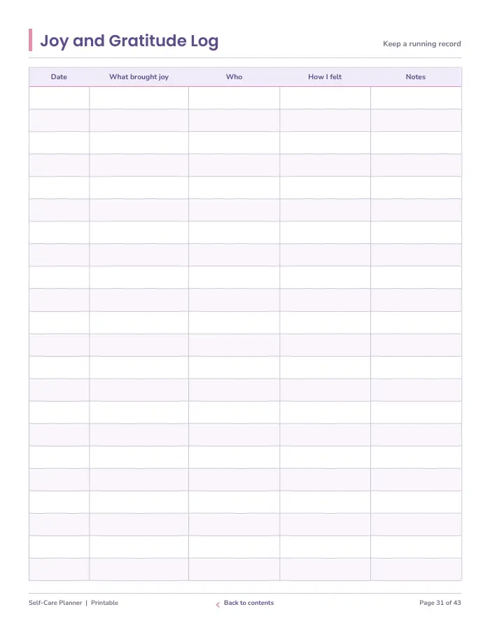 Inside page 3 of Self-Care Planner