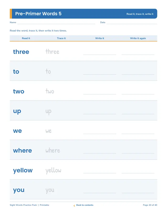 Inside page 2 of Sight Words Practice Pack