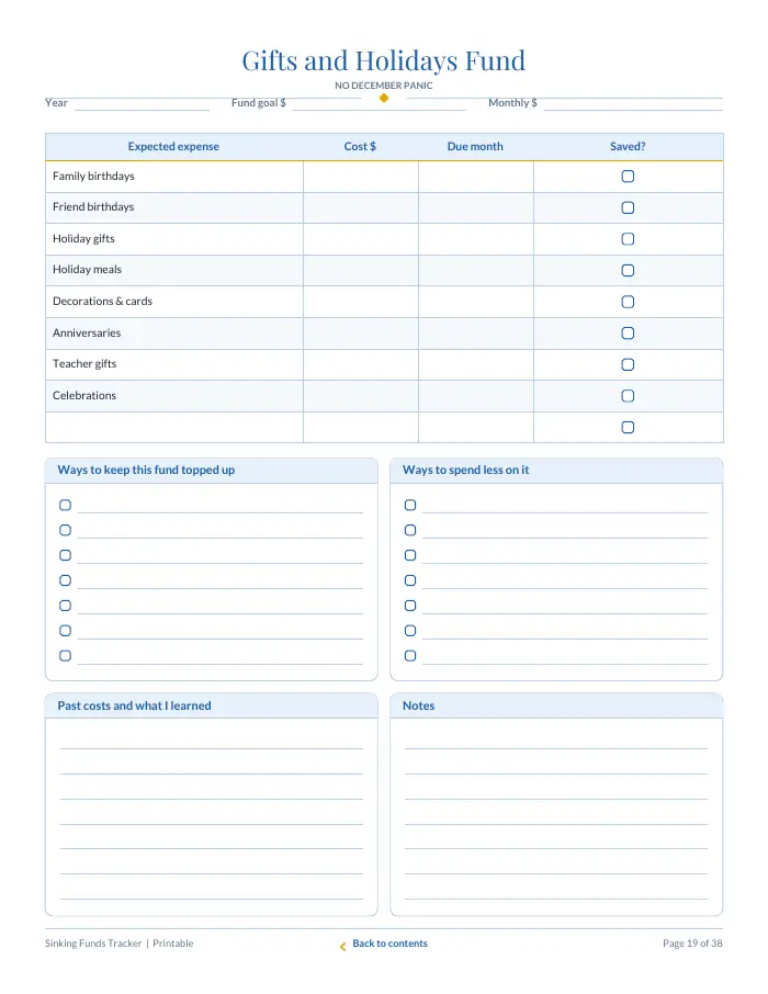 Inside page 2 of Sinking Funds Tracker