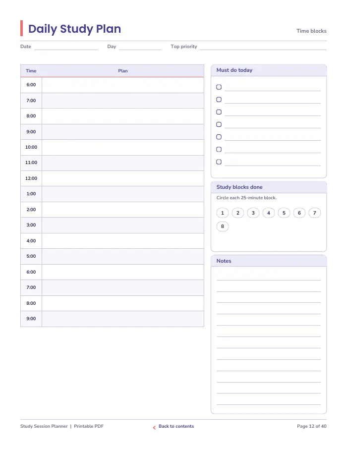 Inside page 1 of Study Session Planner