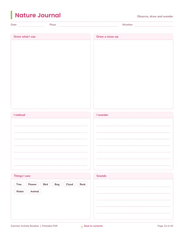 Inside page 1 of Summer Activity Booklet