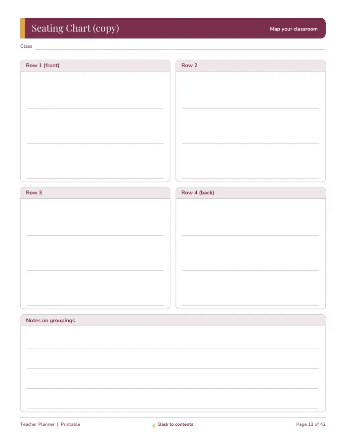 Inside page 1 of Teacher Planner