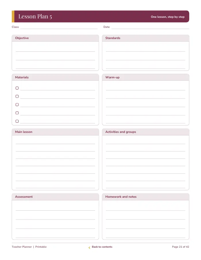 Inside page 2 of Teacher Planner
