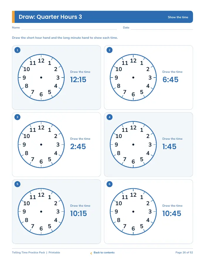 Inside page 2 of Telling Time Practice Pack