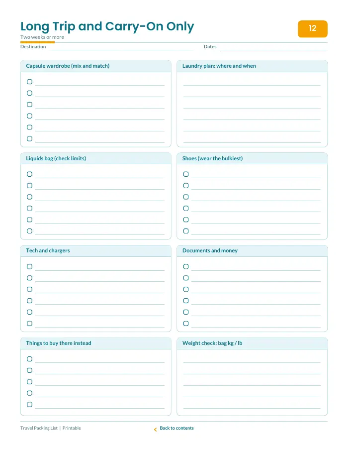 Inside page 1 of Travel Packing List
