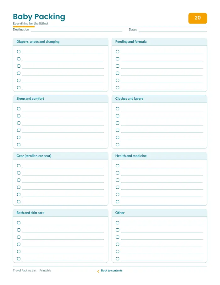 Inside page 2 of Travel Packing List