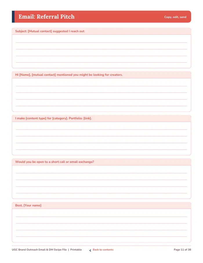 Inside page 1 of UGC Brand Outreach Email & DM Swipe File