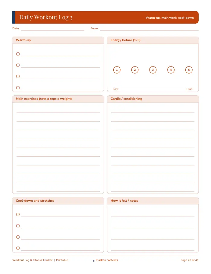 Inside page 2 of Workout Log & Fitness Tracker