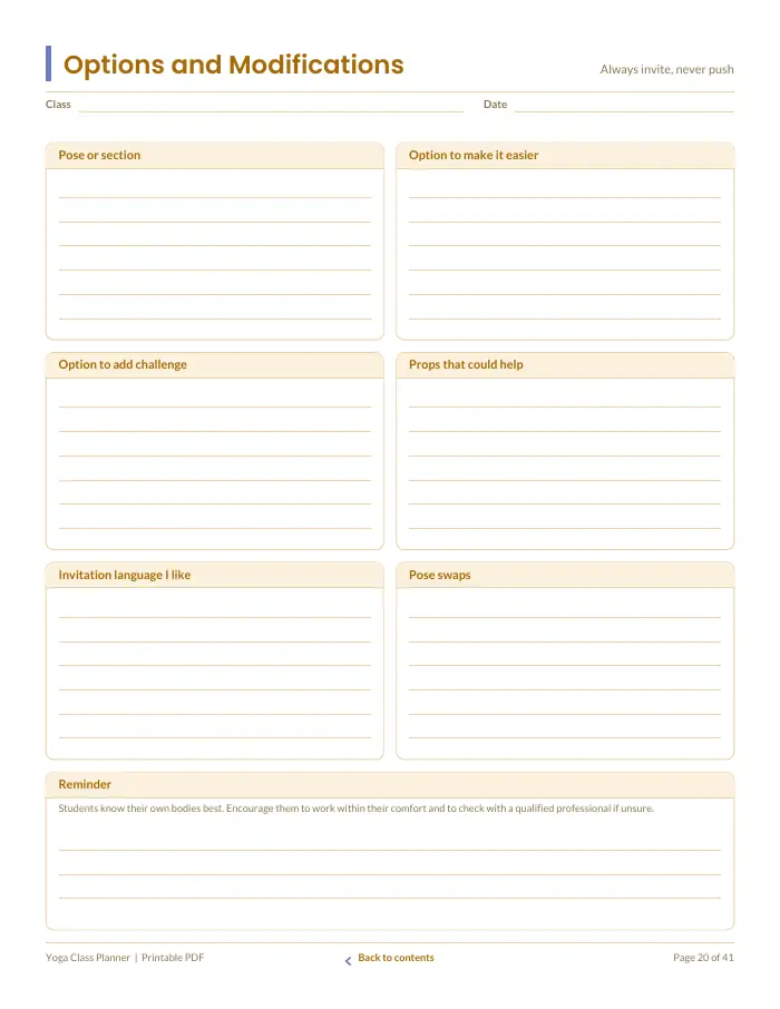 Inside page 2 of Yoga Class Planner