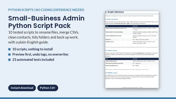 Cover of Small-Business Admin Python Script Pack: Rename, Merge, Clean CSVs