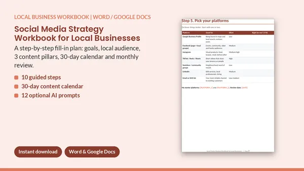 Cover of Social Media Strategy Workbook for Local Businesses - 10 Steps + 30-Day Plan