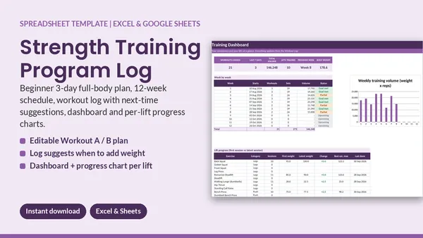 Cover of Strength Training Program Log - Beginner Workout Tracker for Excel & Sheets