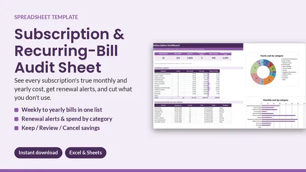 Cover of Subscription & Recurring-Bill Audit Sheet - Excel & Google Sheets