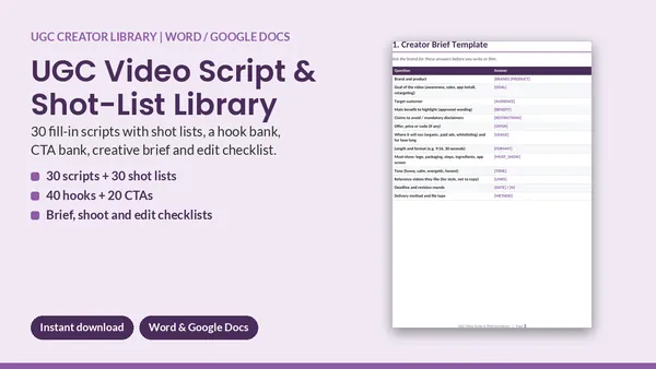 Cover of UGC Video Script & Shot-List Library - 30 Scripts, Hooks & CTAs
