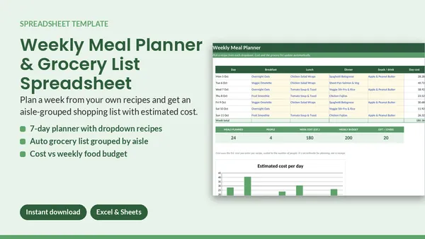 Cover of Weekly Meal Planner & Grocery List - Excel & Google Sheets